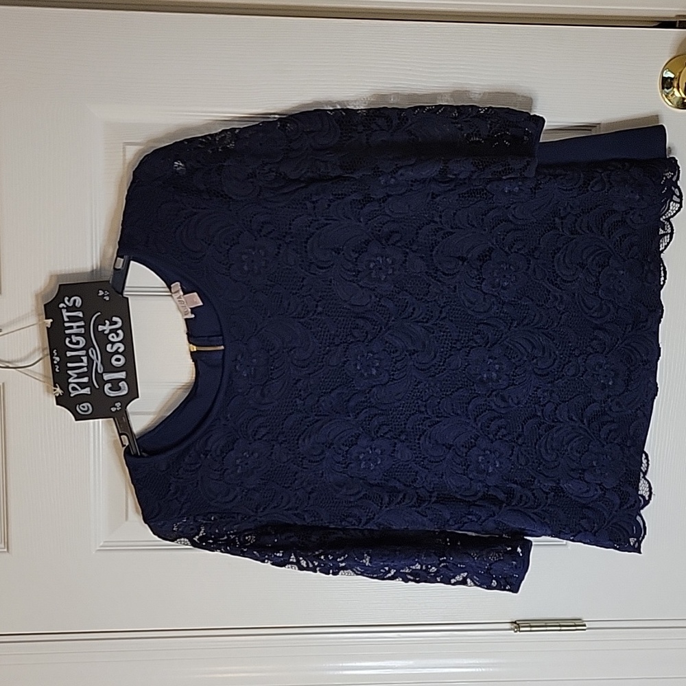 ROZ & ALI Blouse Navy Lace Overlay XL Floral